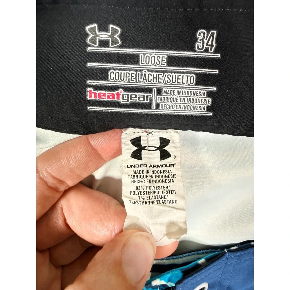 Under Armour Mens Board Shorts HeatGear Swim Trunks Blue Striped Size 34 Tie